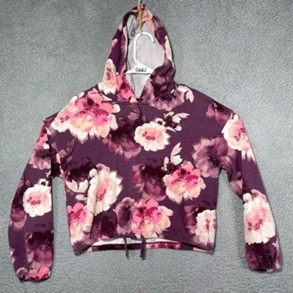 Old Navy Floral Hoodie Kids Large Purple Pink Pullover Sweatshirt